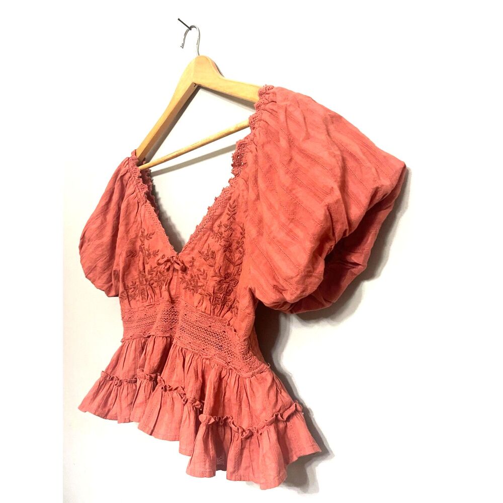 Altar'd State Coral Puff Sleeve Peplum Blouse